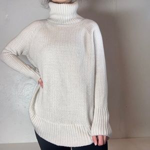White Foldover Turtleneck Knit Flowy Sweater